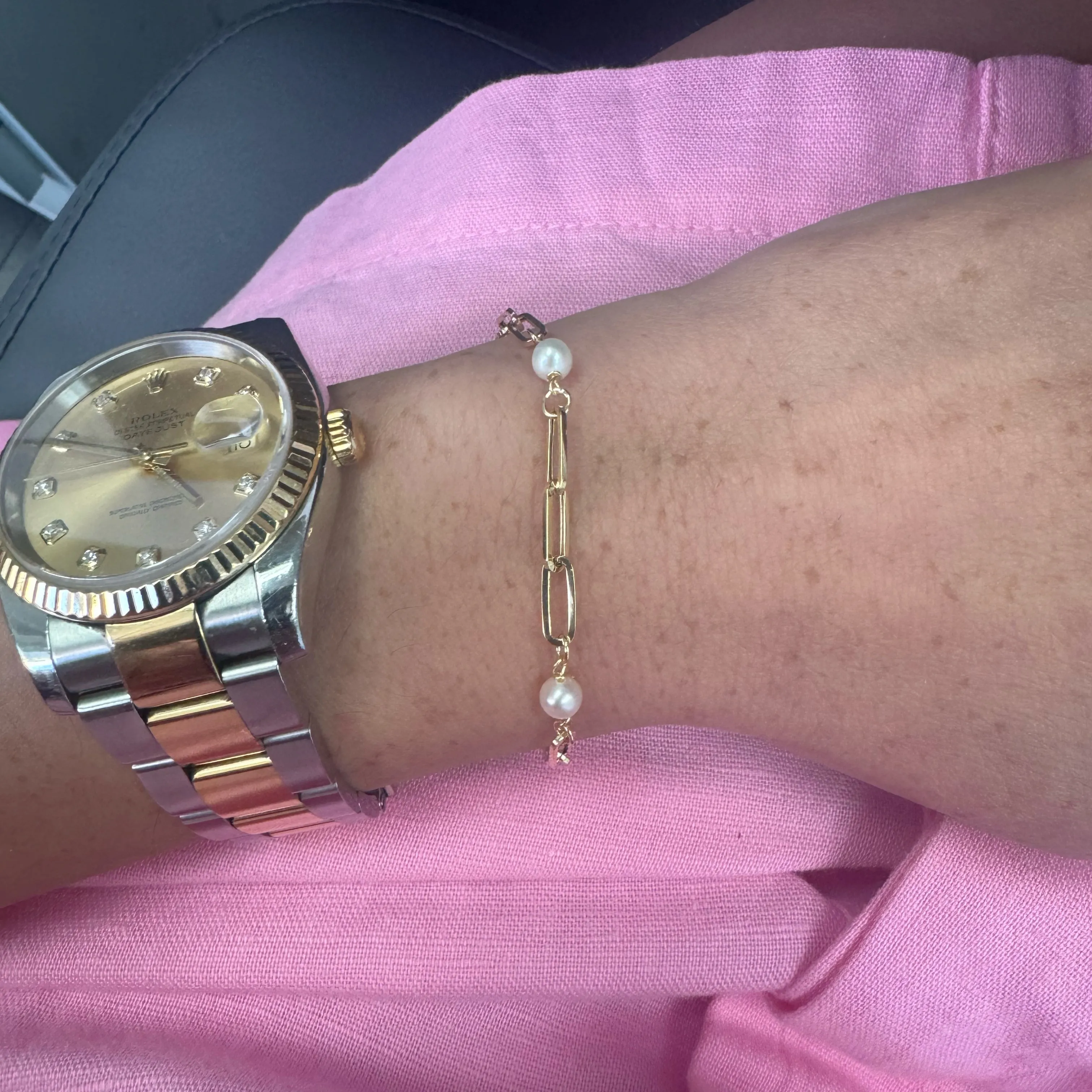 10K Gold Pearl Paper Clip Bracelet