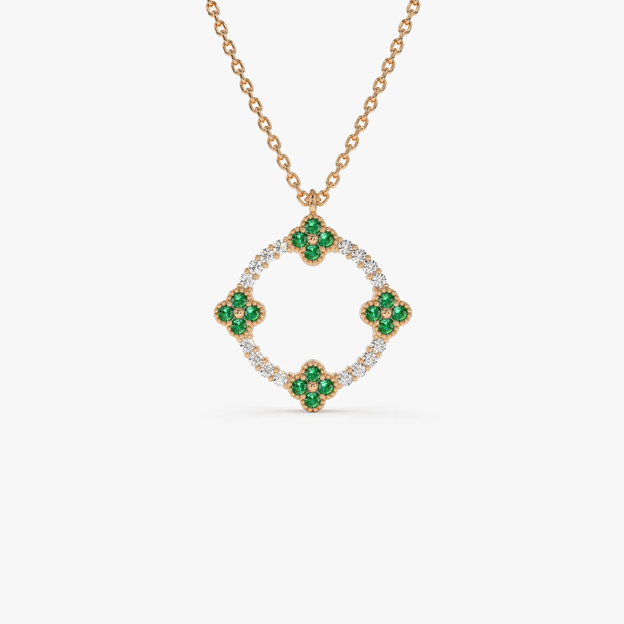 14k Diamond and Emerald Clover Necklace