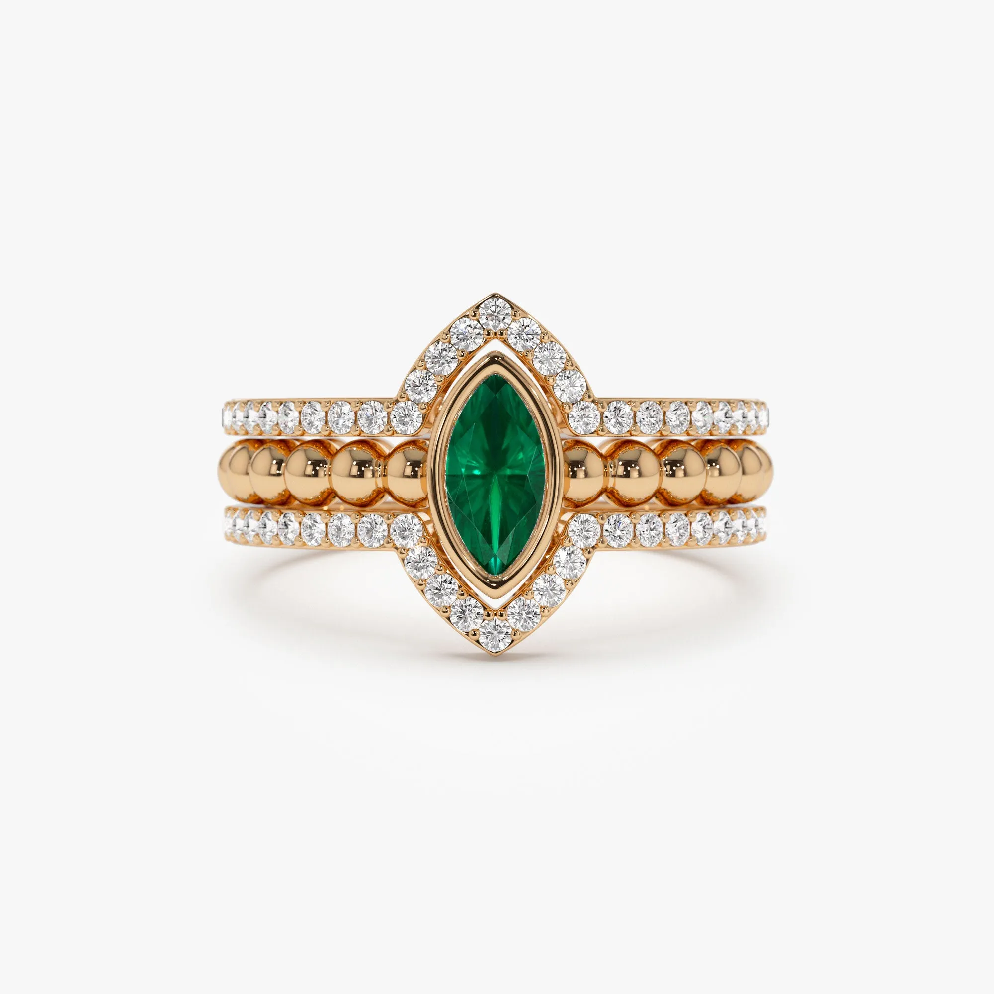 14k Marquise Shaped Emerald Ring with Nesting Diamond Bands