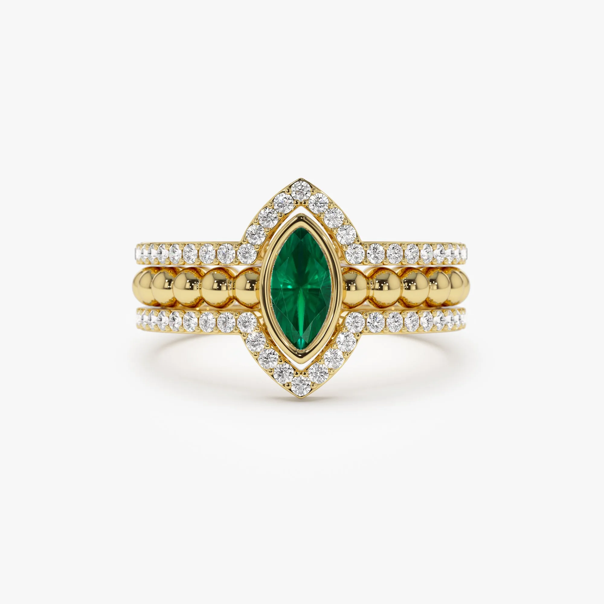 14k Marquise Shaped Emerald Ring with Nesting Diamond Bands