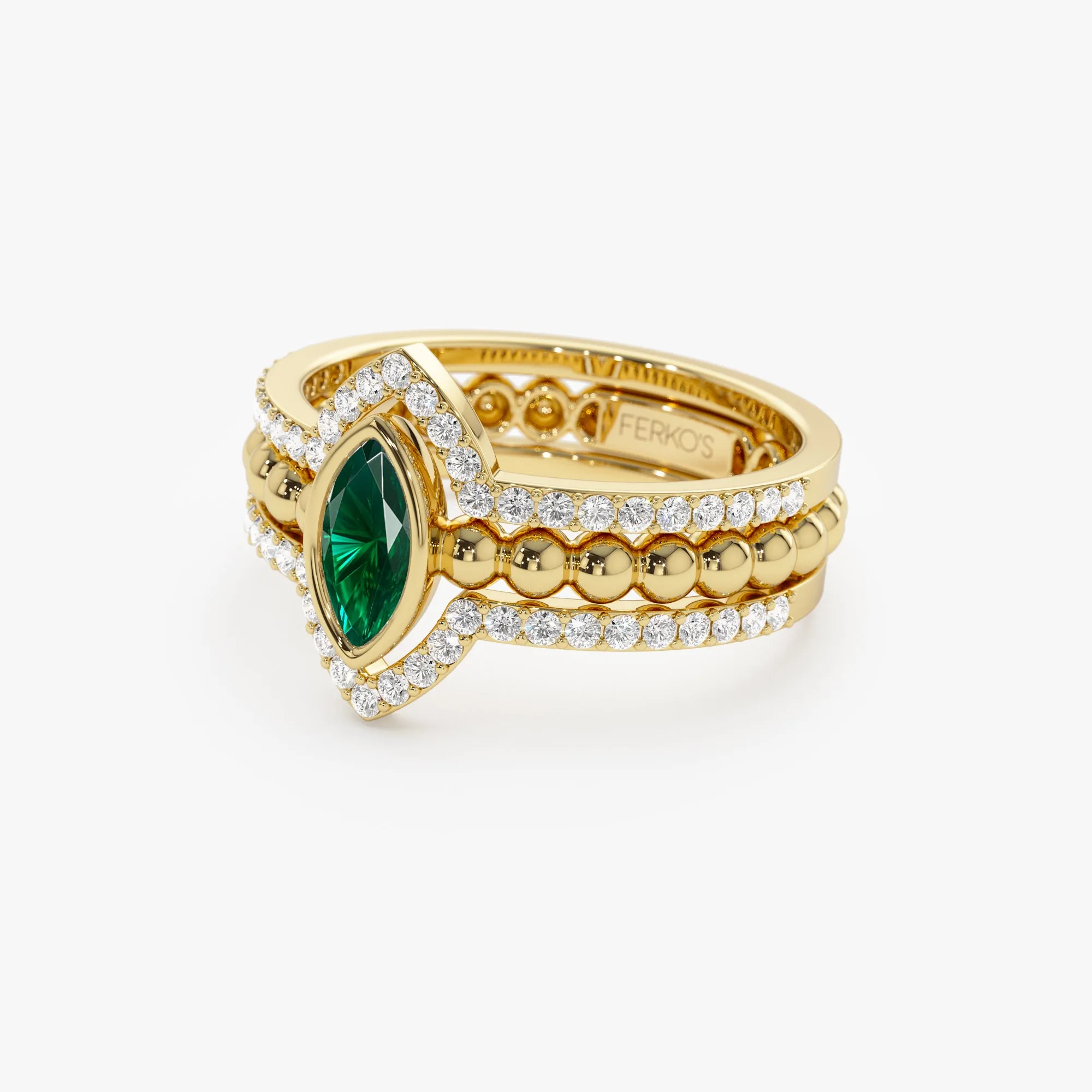 14k Marquise Shaped Emerald Ring with Nesting Diamond Bands