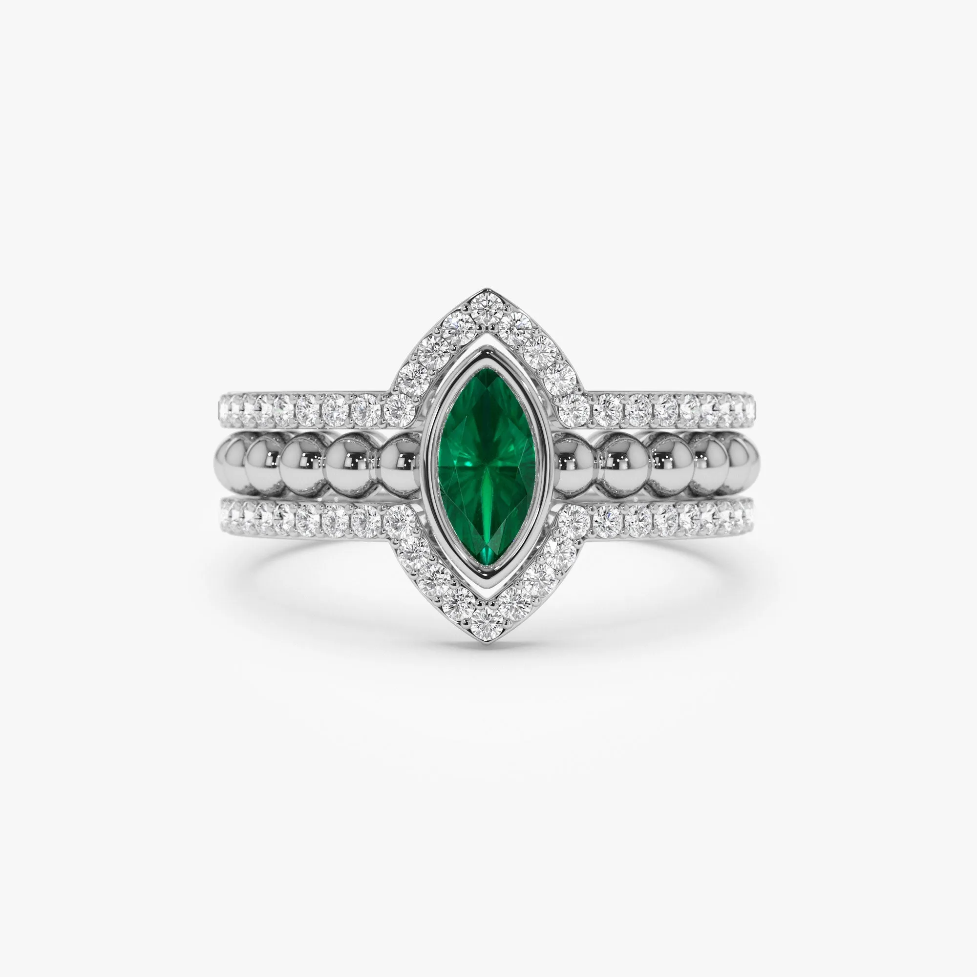 14k Marquise Shaped Emerald Ring with Nesting Diamond Bands