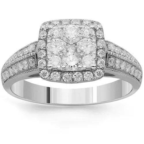 14K Solid White Gold Womens Diamond Cocktail Ring 0.94 Ctw