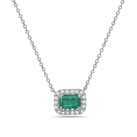 14K White Gold Emerald Diamond Halo Necklace