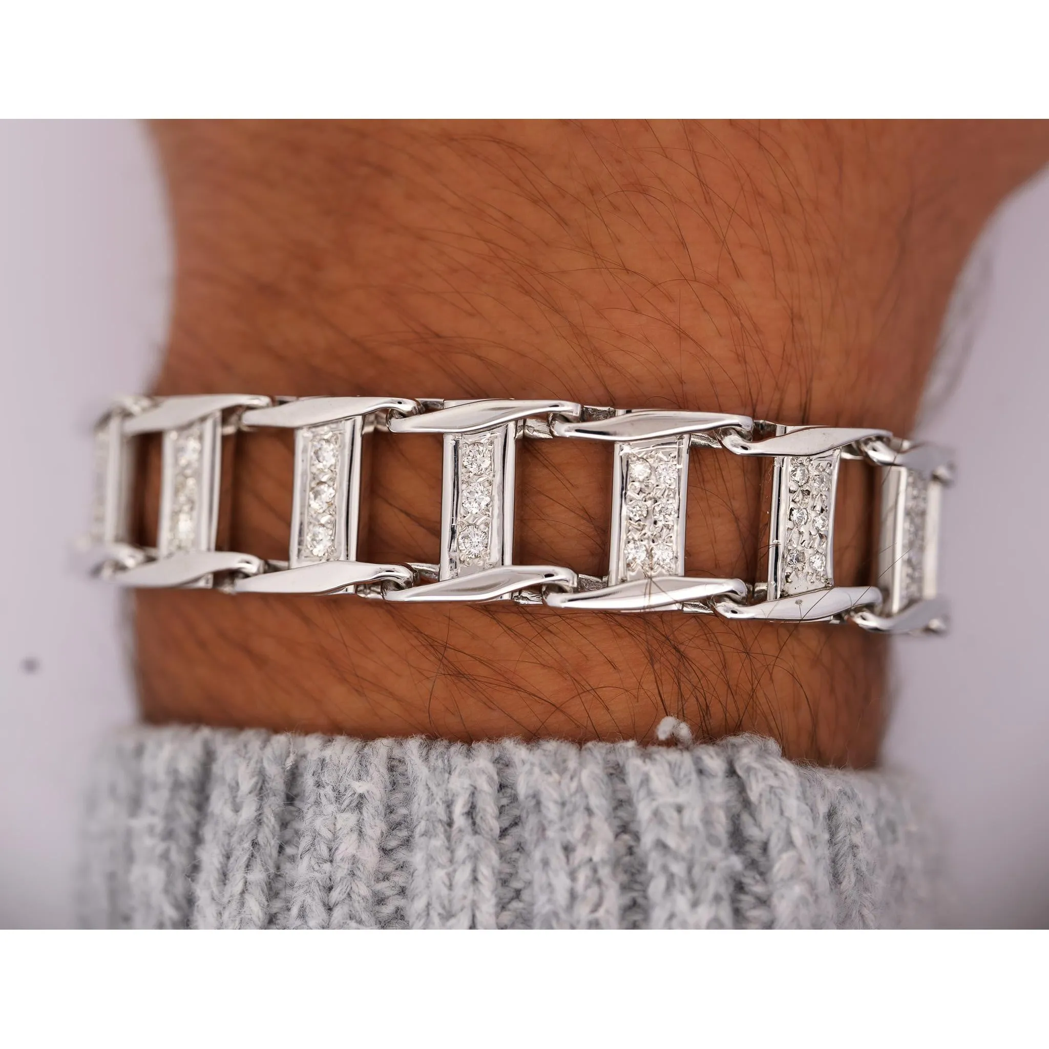 14K White Gold Square Link 2.5 Carat Diamond Mens Bracelet