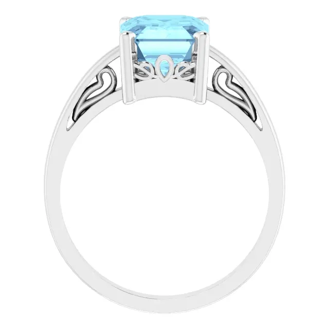 14KT GOLD 2.00 CT EMERALD CUT AQUAMARINE SCROLL RING