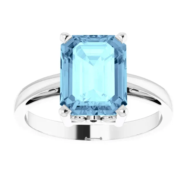 14KT GOLD 2.00 CT EMERALD CUT AQUAMARINE SCROLL RING