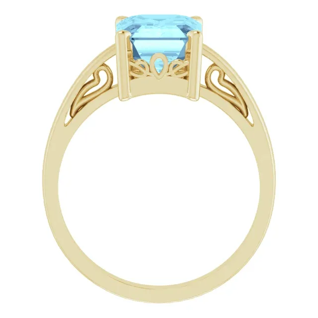 14KT GOLD 2.00 CT EMERALD CUT AQUAMARINE SCROLL RING