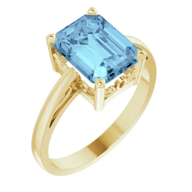 14KT GOLD 2.00 CT EMERALD CUT AQUAMARINE SCROLL RING