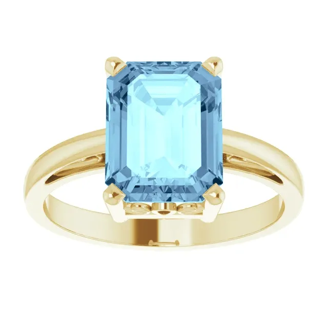 14KT GOLD 2.00 CT EMERALD CUT AQUAMARINE SCROLL RING