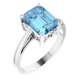 14KT GOLD 2.00 CT EMERALD CUT AQUAMARINE SCROLL RING