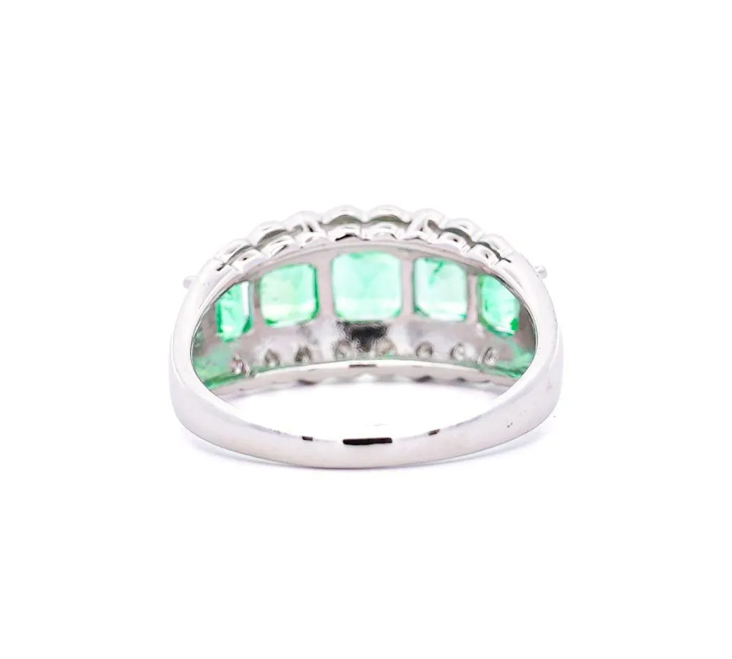 1.5 Carat Emerald and Diamond 5-Stone Band Ring in Platinum