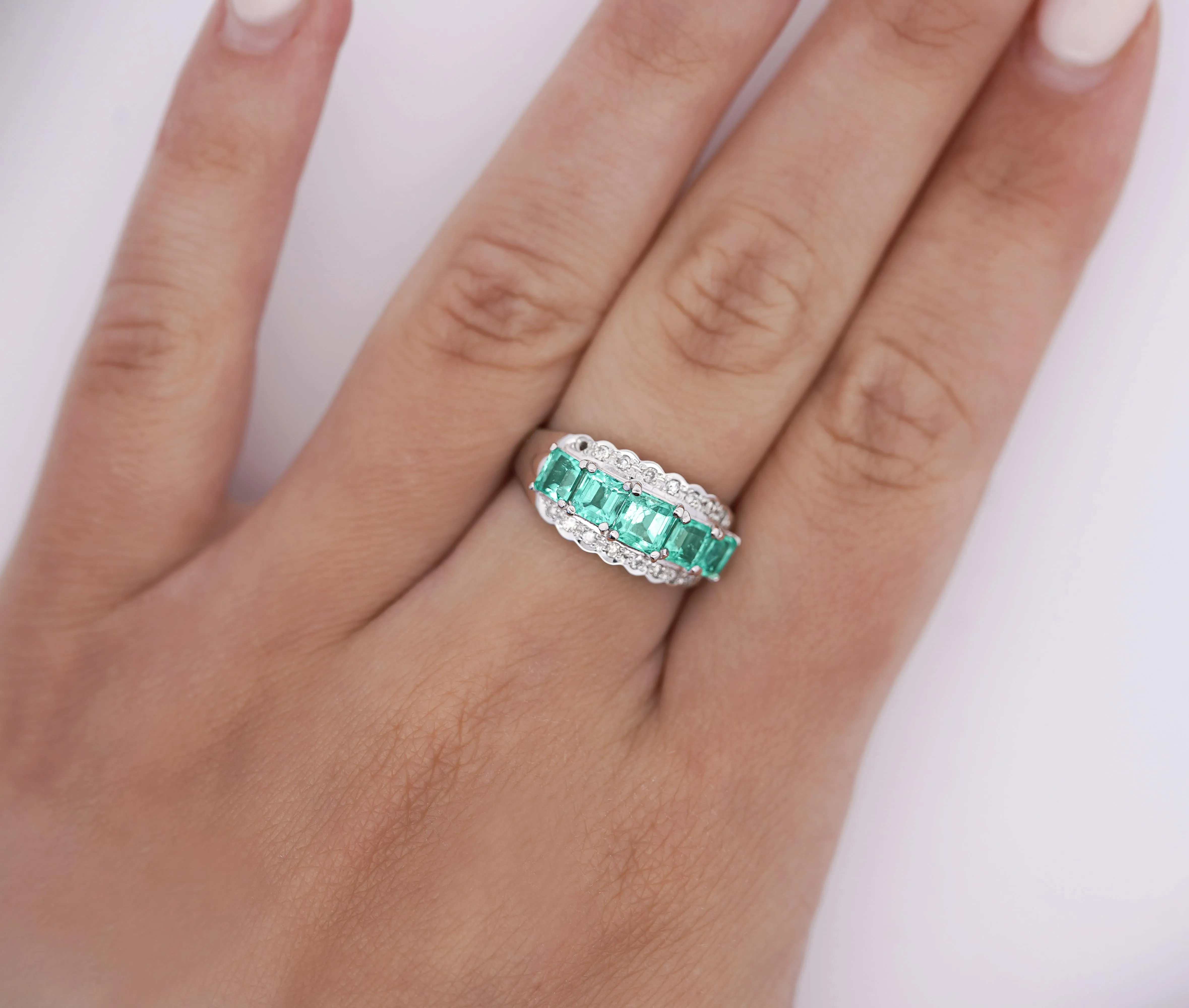 1.5 Carat Emerald and Diamond 5-Stone Band Ring in Platinum