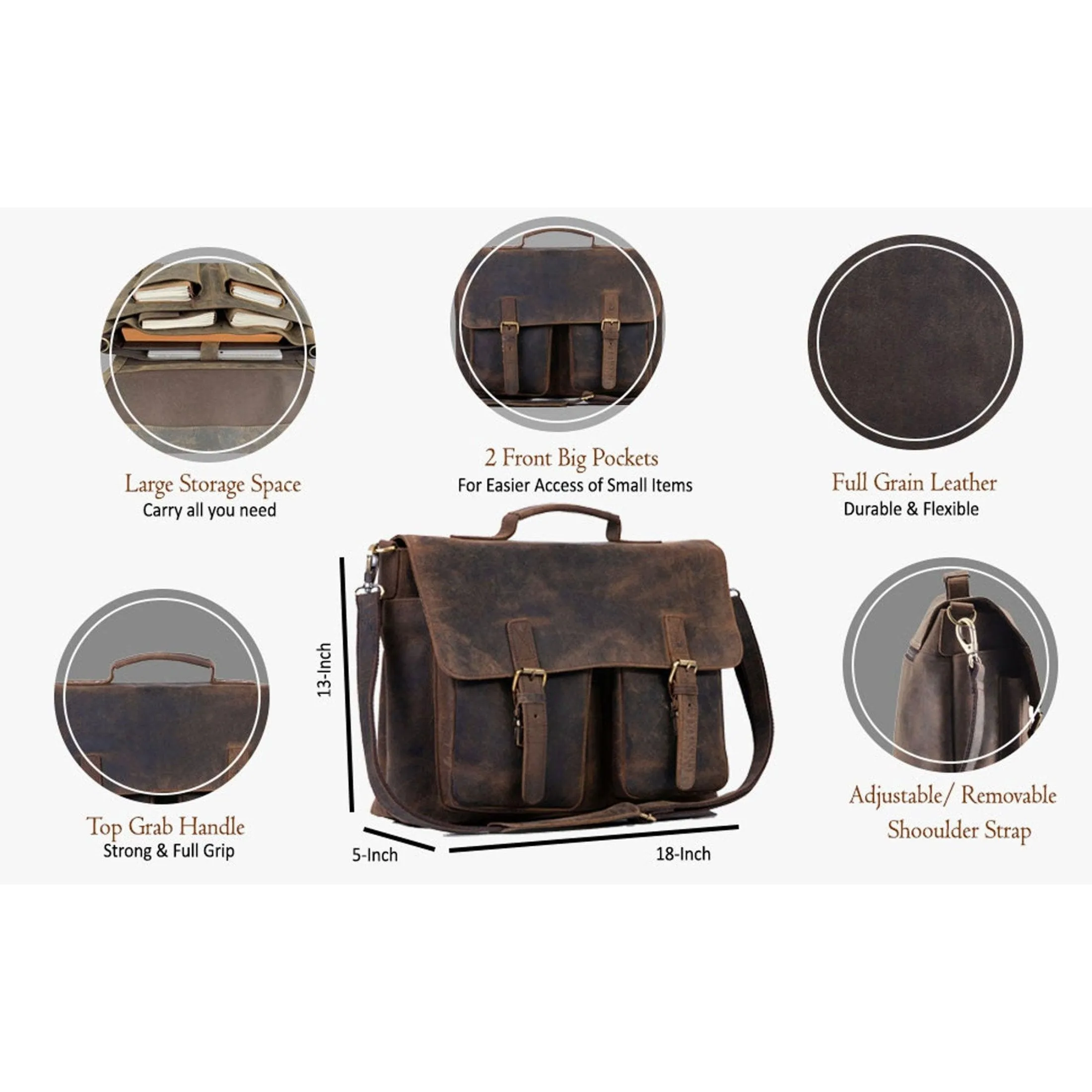 18 Inch Buffalo Leather Briefcase Laptop Messenger Bag Office Briefcase College Bag for Men and Women