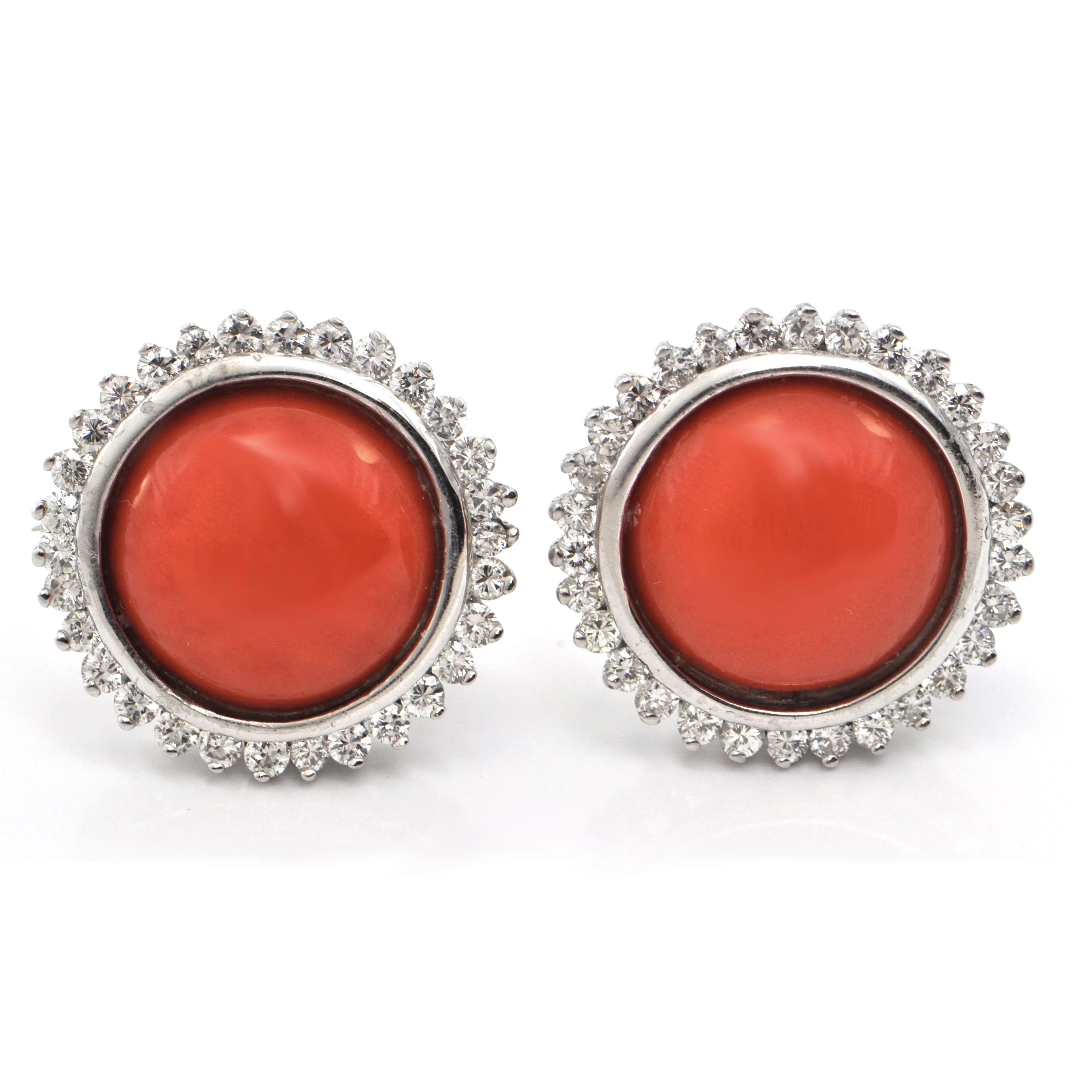 1.8CT Diamond and Red Coral Ear Clips  C.1970-1980