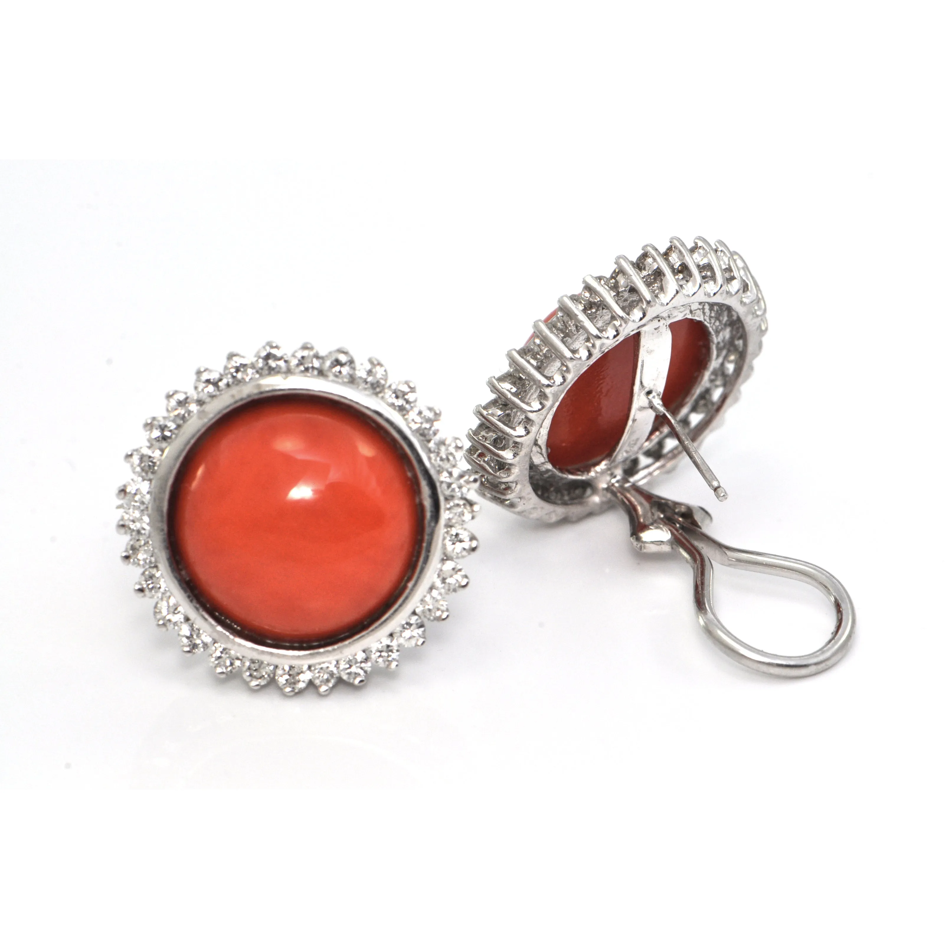 1.8CT Diamond and Red Coral Ear Clips  C.1970-1980