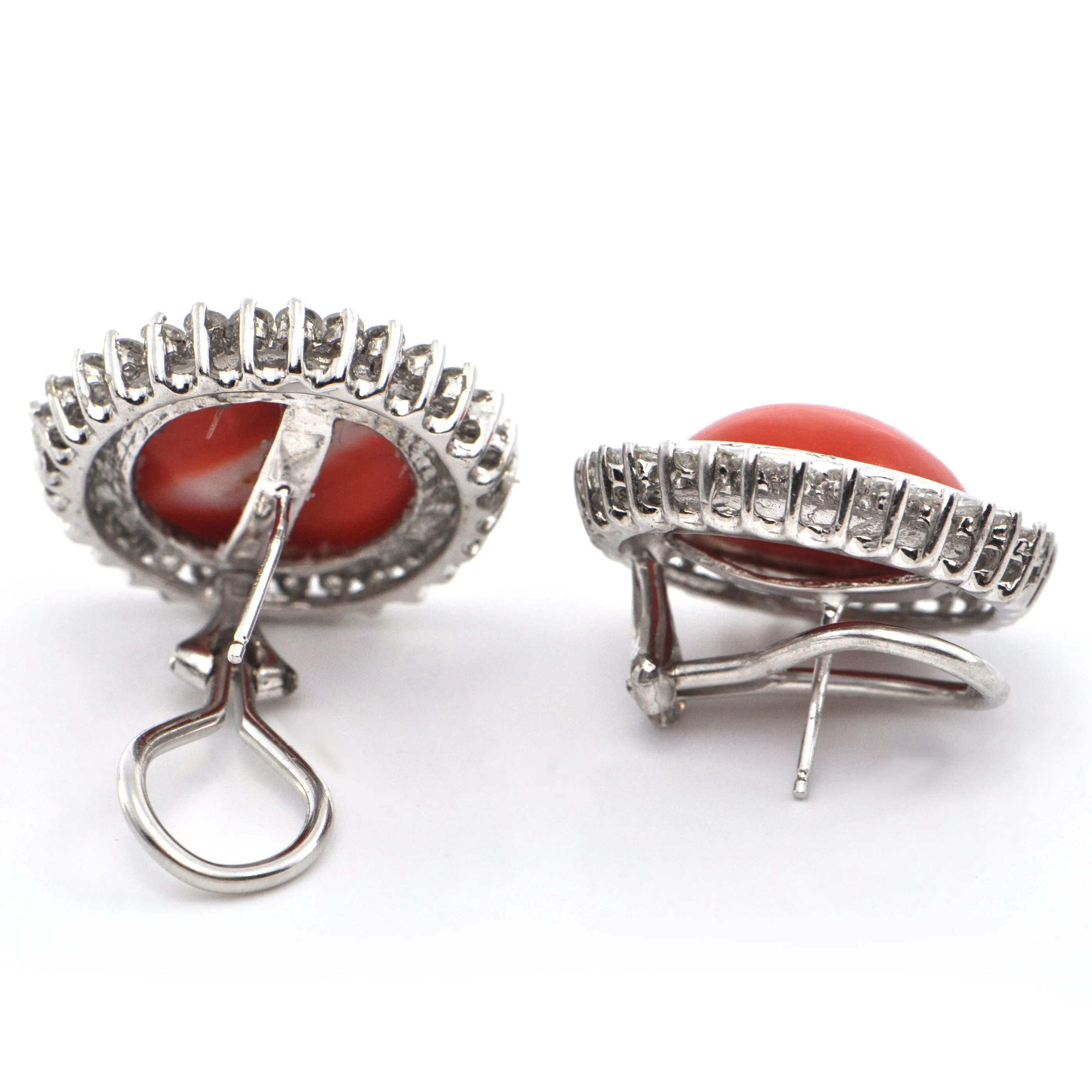 1.8CT Diamond and Red Coral Ear Clips  C.1970-1980