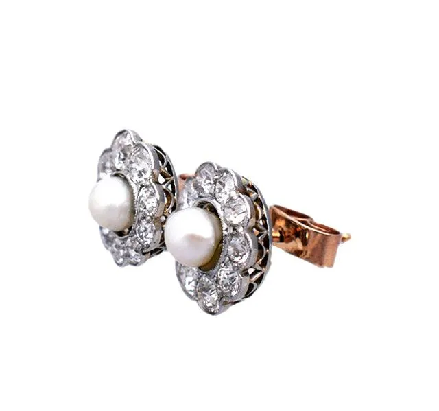 1920s Natural Pearl & Diamond Cluster Earrings