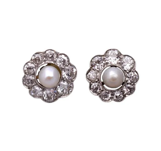 1920s Natural Pearl & Diamond Cluster Earrings