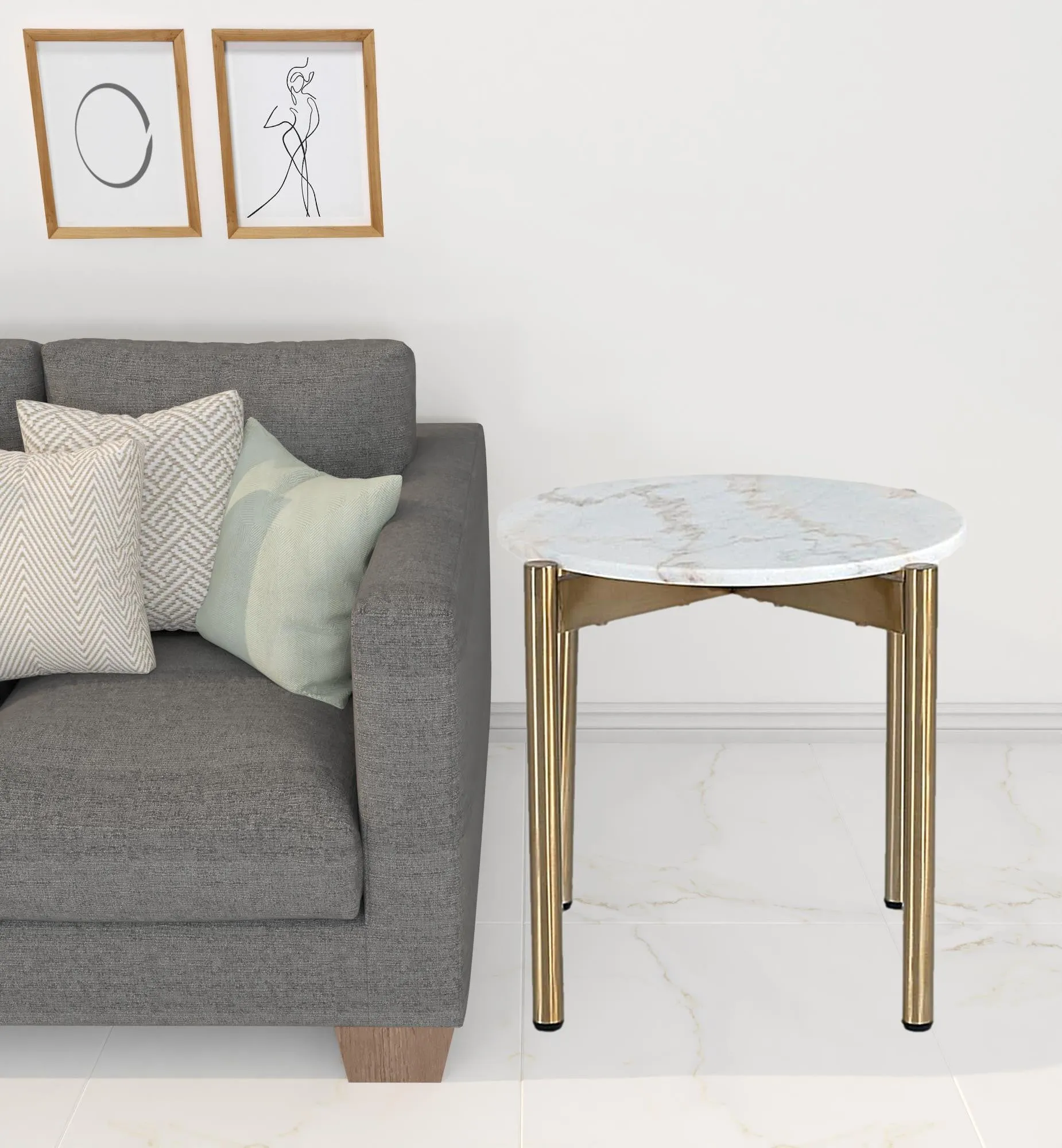 22" Gold And White Marble Round End Table By Homeroots