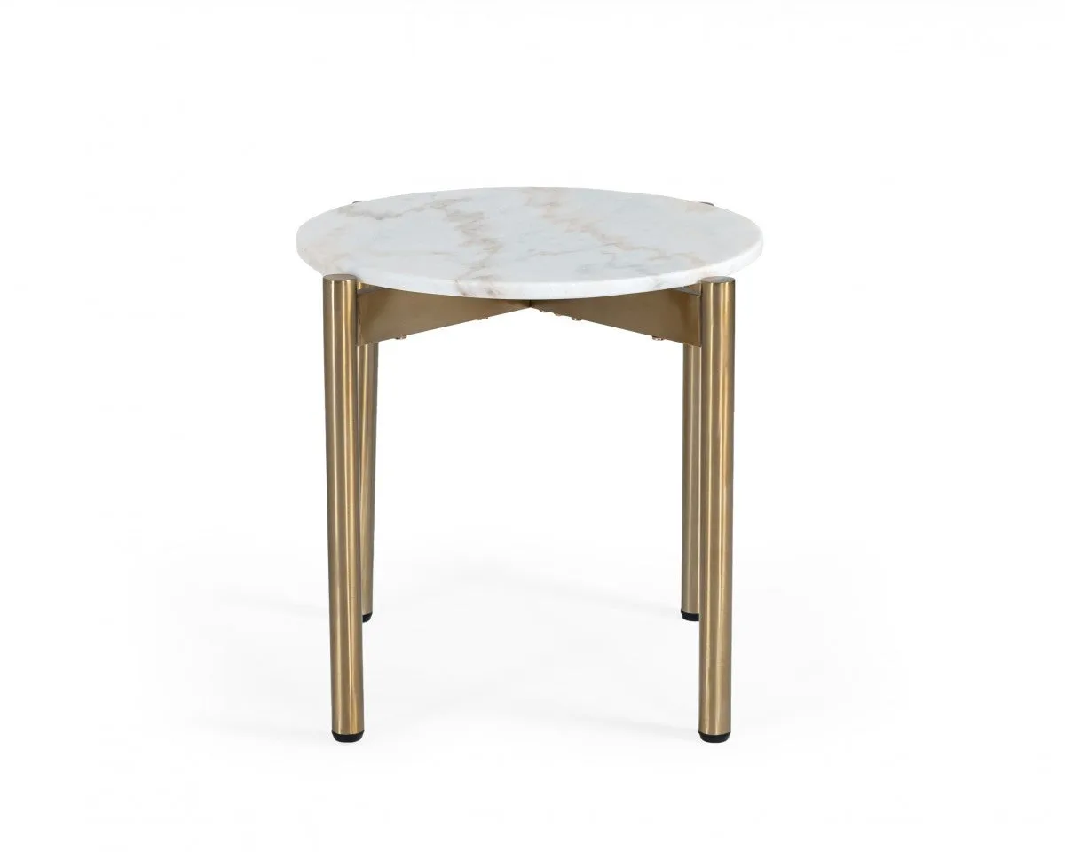 22" Gold And White Marble Round End Table By Homeroots