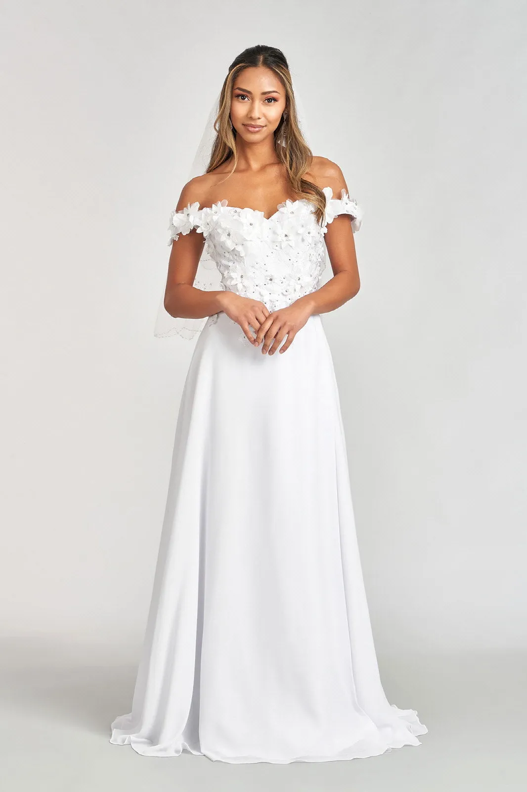 3D Floral Off Shoulder Slit Gown by Elizabeth K GL3018