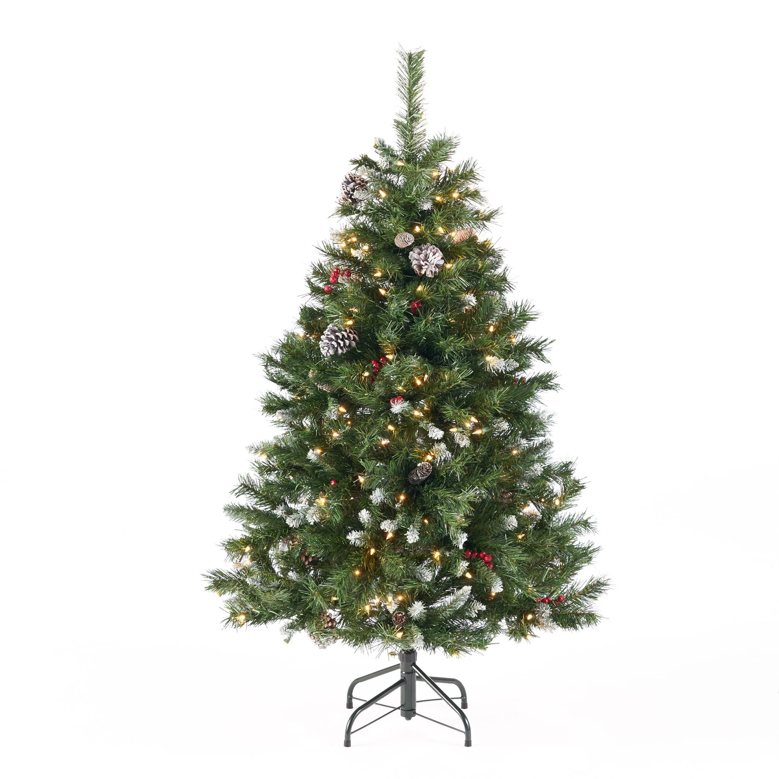 4.5-foot Mixed Spruce Hinged Artificial Christmas Tree with Frosted Branches, Red Berries, and Frosted Pinecones - NH663703