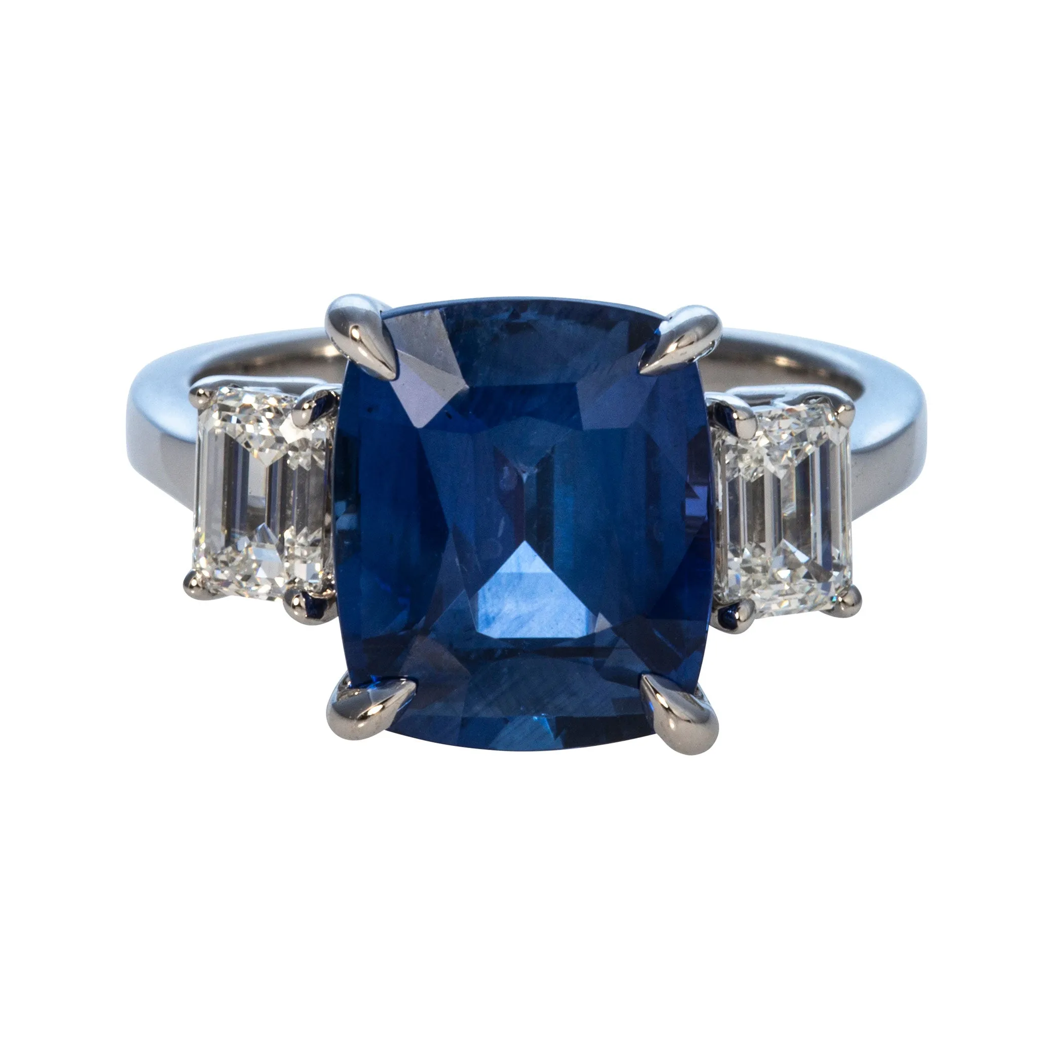 6.26ct Cushion Sapphire & Diamond Three Stone Platinum Ring