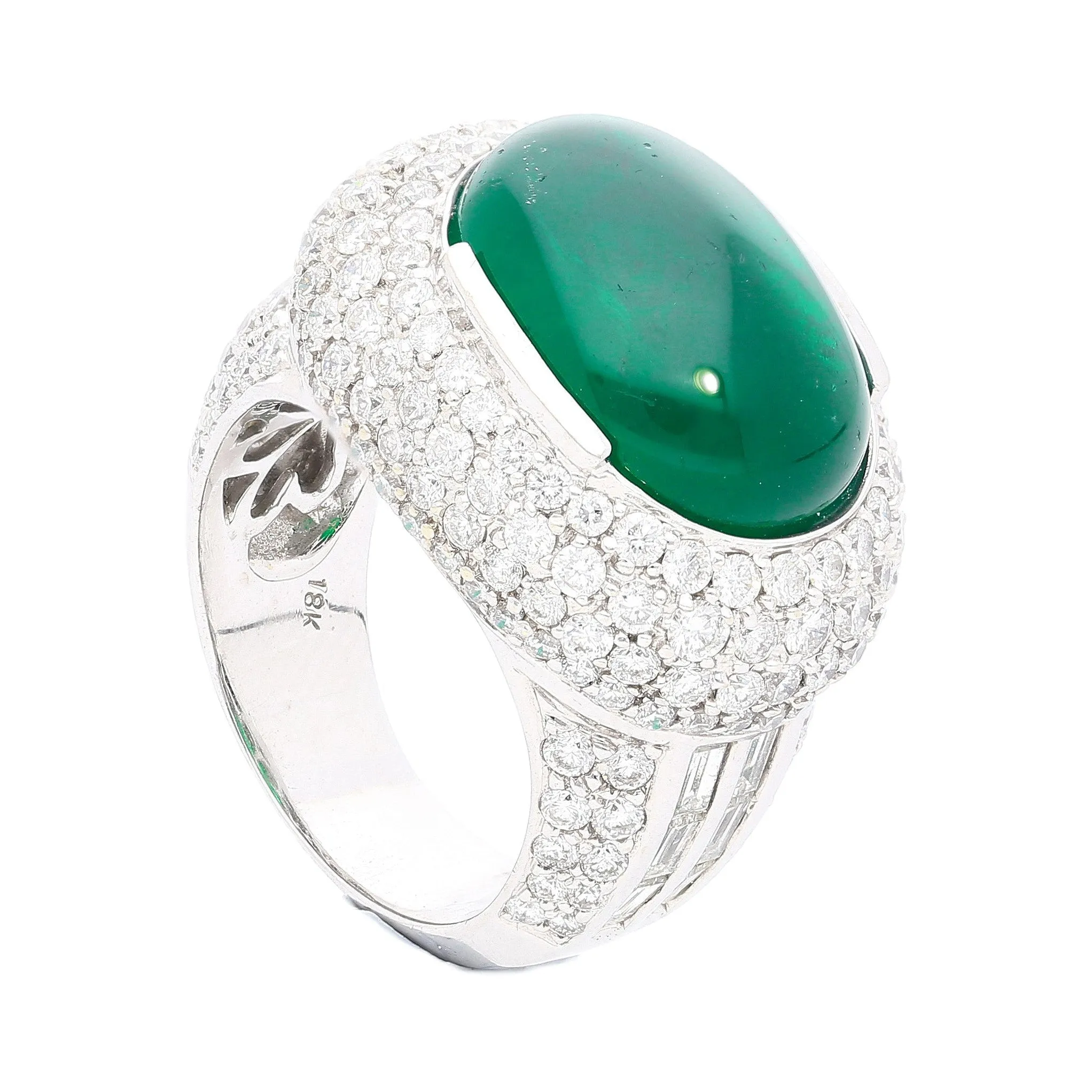 AGL Certified 10 Carat Cabochon Cut Minor Oil Emerald and Diamond Cluster Ring in 18K White Gold