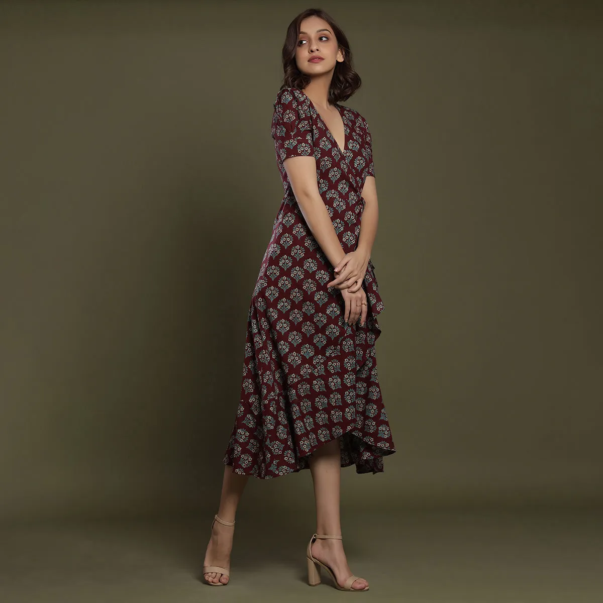 Aloha Mora on Maroon Wrap-around Dress