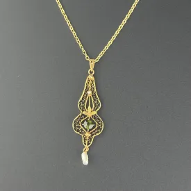 Antique 10K Gold Simulated Emerald Seed Pearl Pendant Necklace