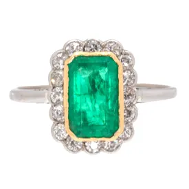 Antique 18ct Gold Emerald Diamond Cluster Ring, 1.16ct Natural Emerald