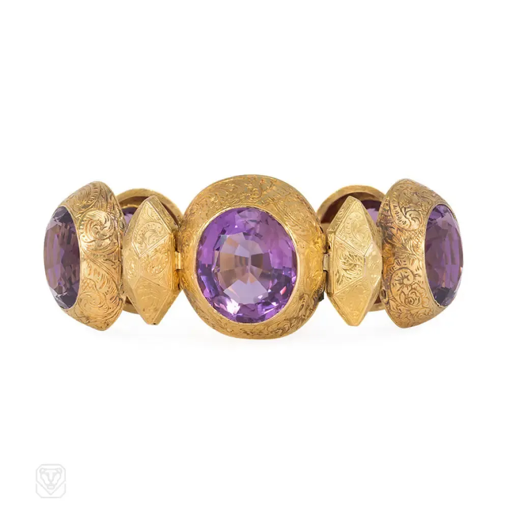 Antique engraved gold and cushion-cut amethyst bracelet