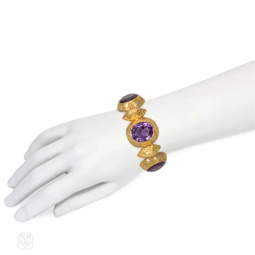 Antique engraved gold and cushion-cut amethyst bracelet