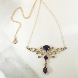 Art Nouveau Amethyst & Pearl Dragonfly Necklace