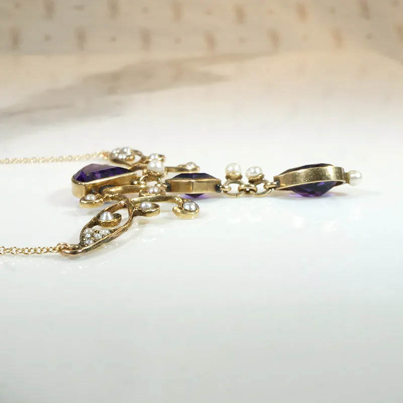 Art Nouveau Amethyst & Pearl Dragonfly Necklace