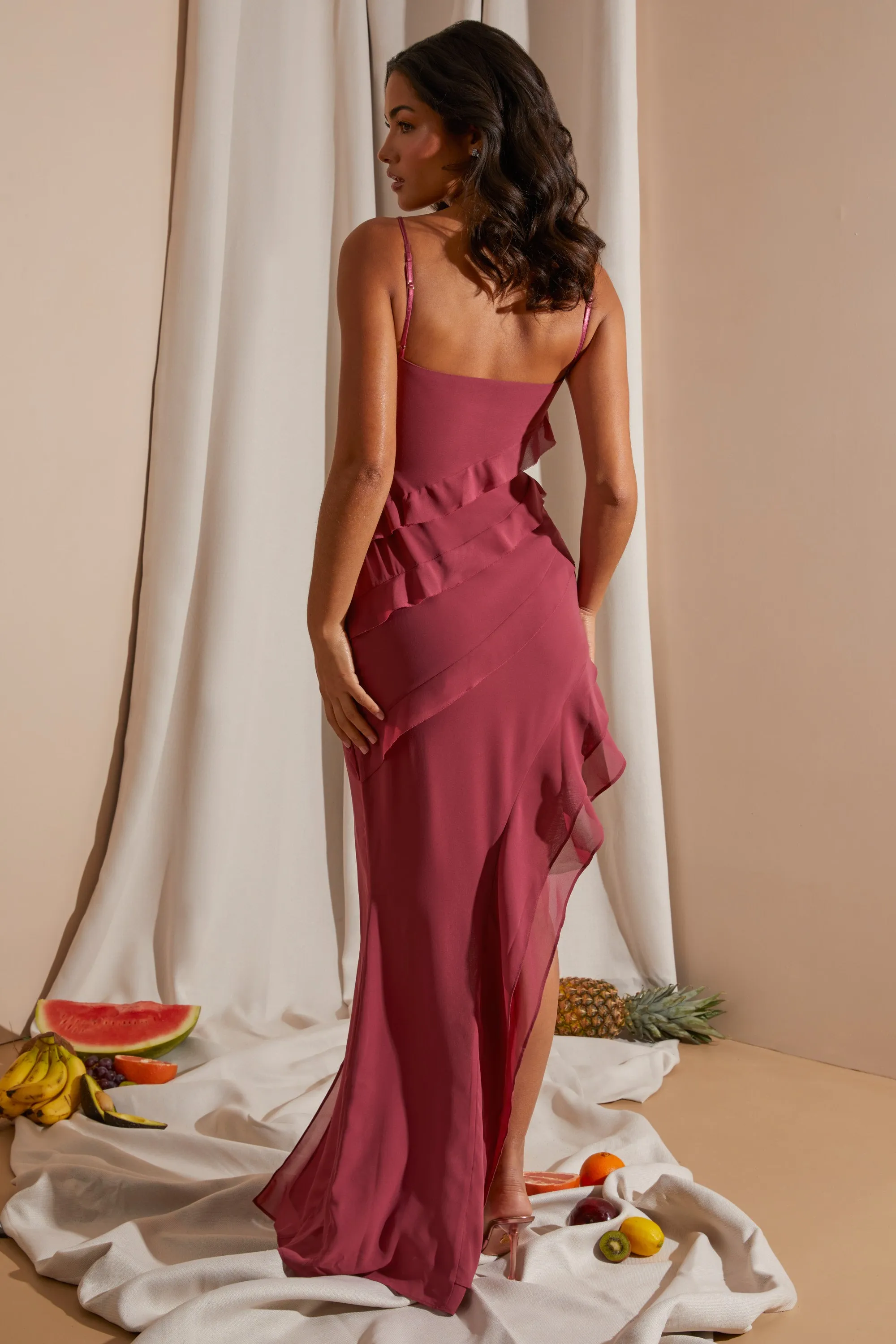 Asymmetric Multi Strap Ruffle Detail Maxi Dress in Dark Mauve