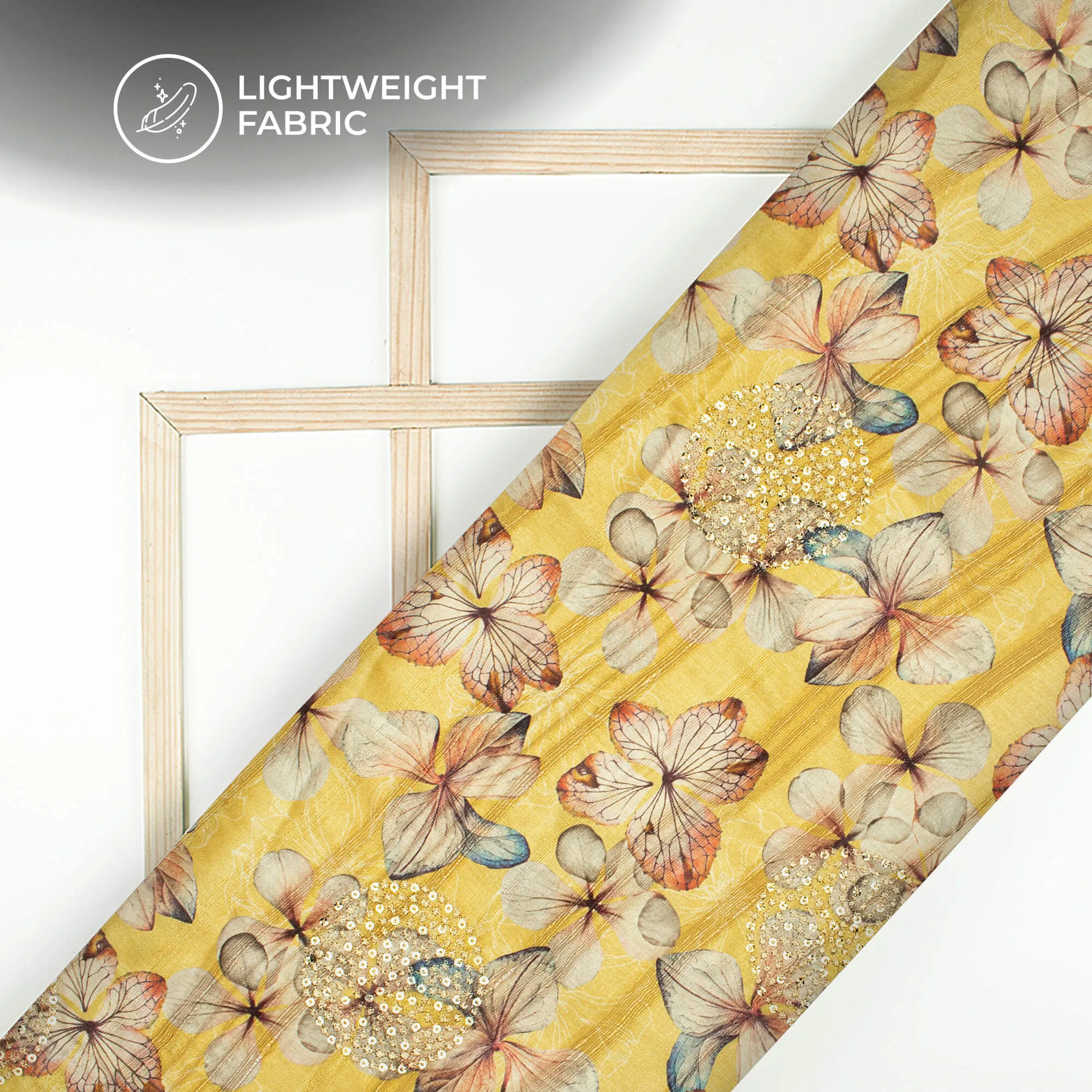 Attractive Yellow Floral Digital Print Butta Sequins Embroidery On Heritage Art Silk Fabric