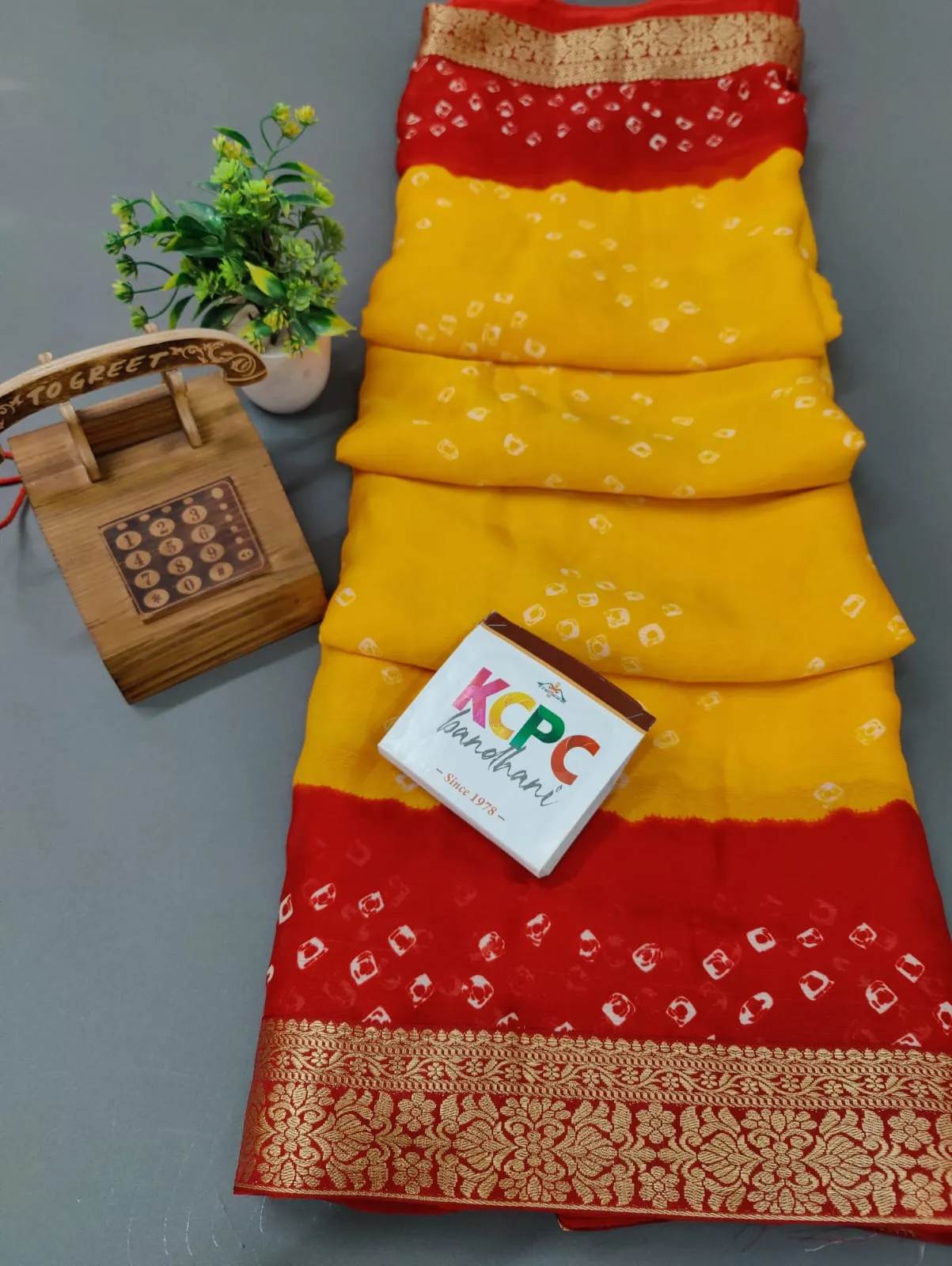 Beautiful Moss Chiffon Georgette Bandhani Sarees,OR, KCPC Yellow Red