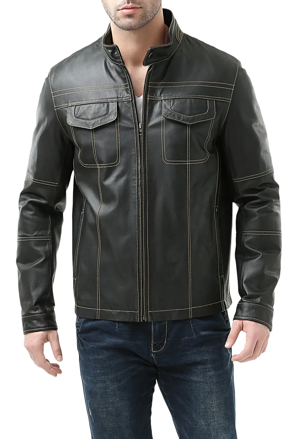 BGSD Monogram Collection Men Cowhide Leather Motorcycle Jacket