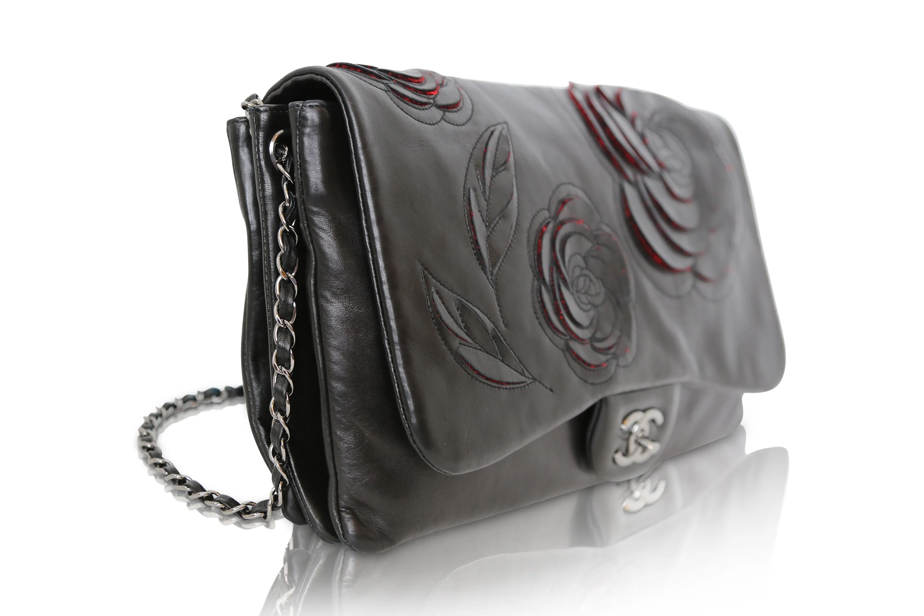 Black Lambskin Camellia Runway Flap Bag