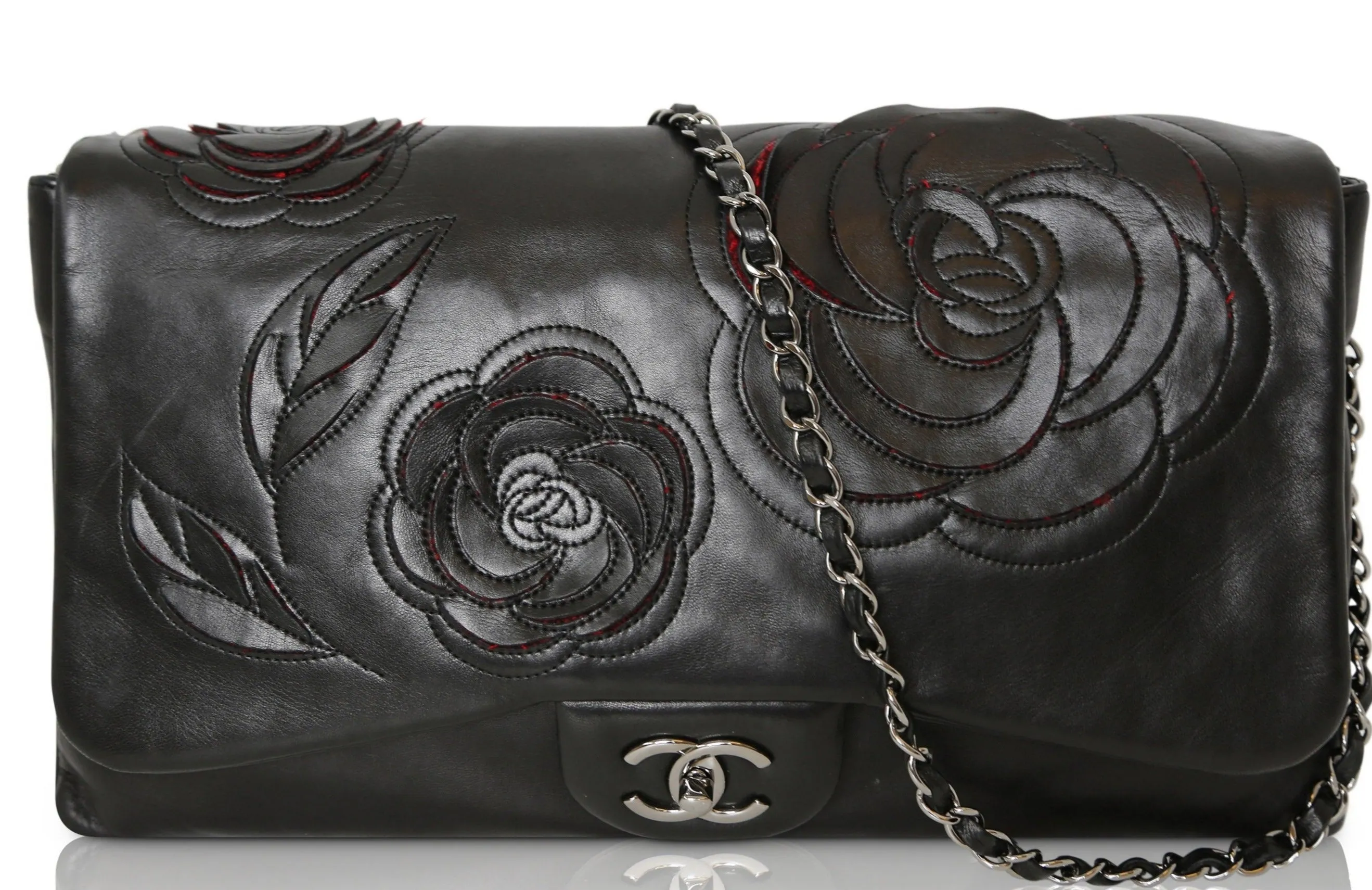 Black Lambskin Camellia Runway Flap Bag