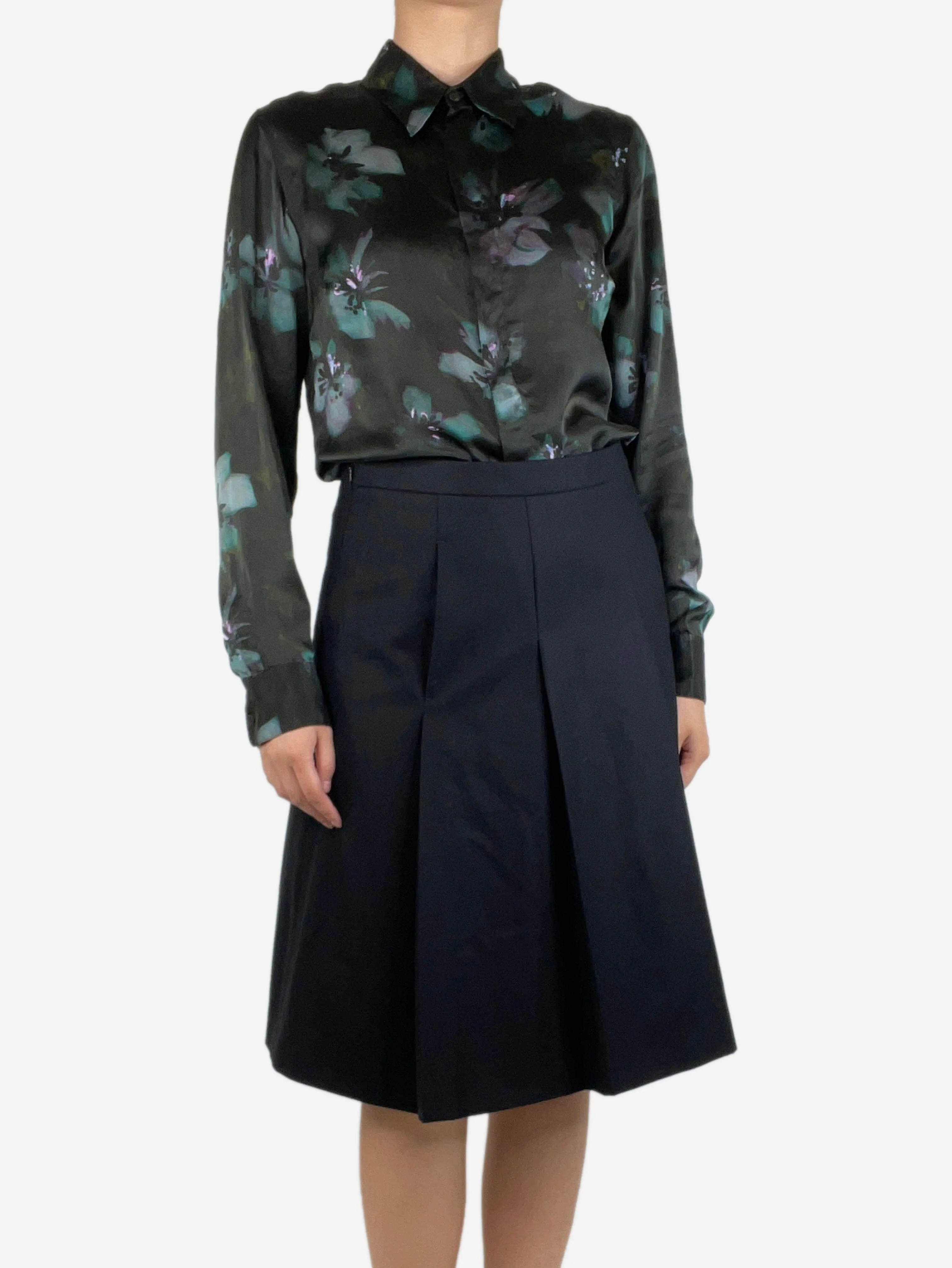 Black silk floral shirt - size UK 8