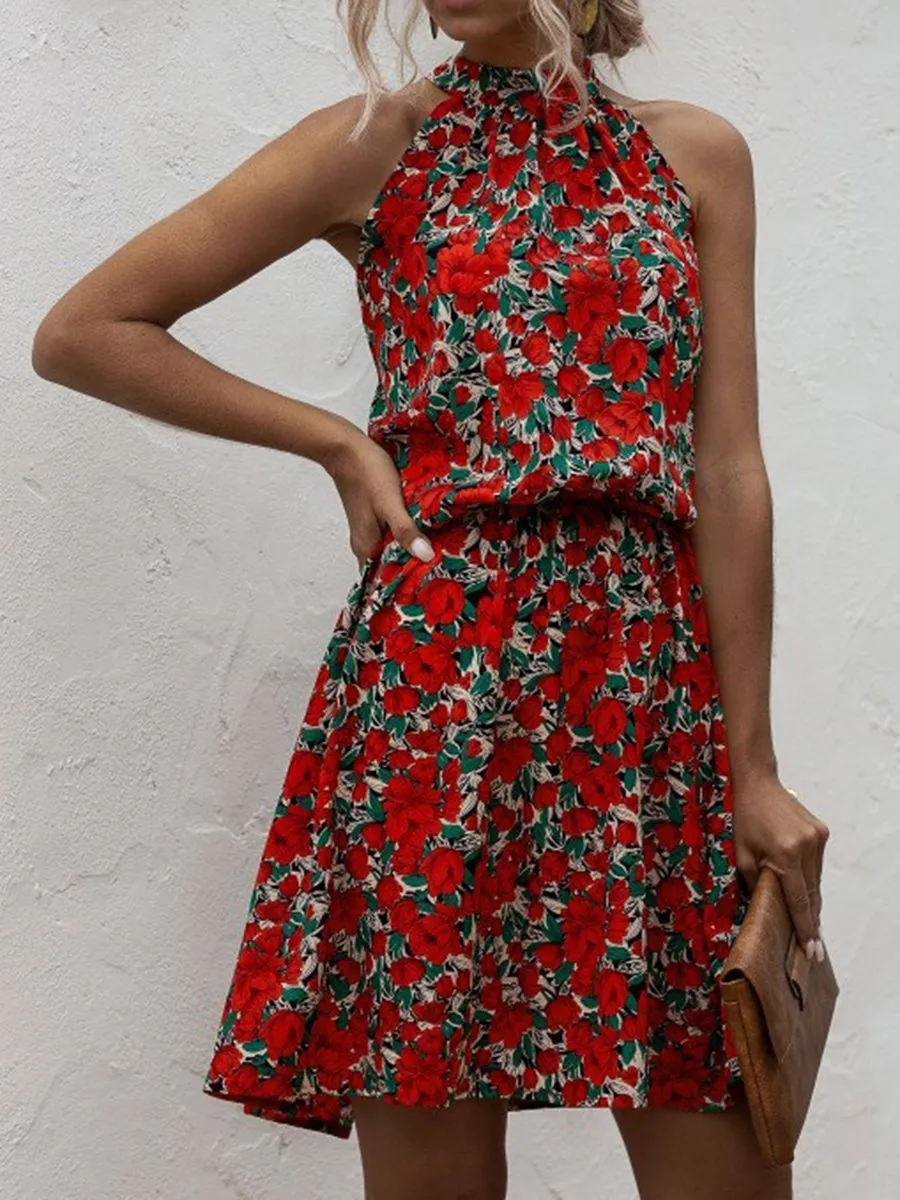 Boho Floral Printed Mini Dresses in Red