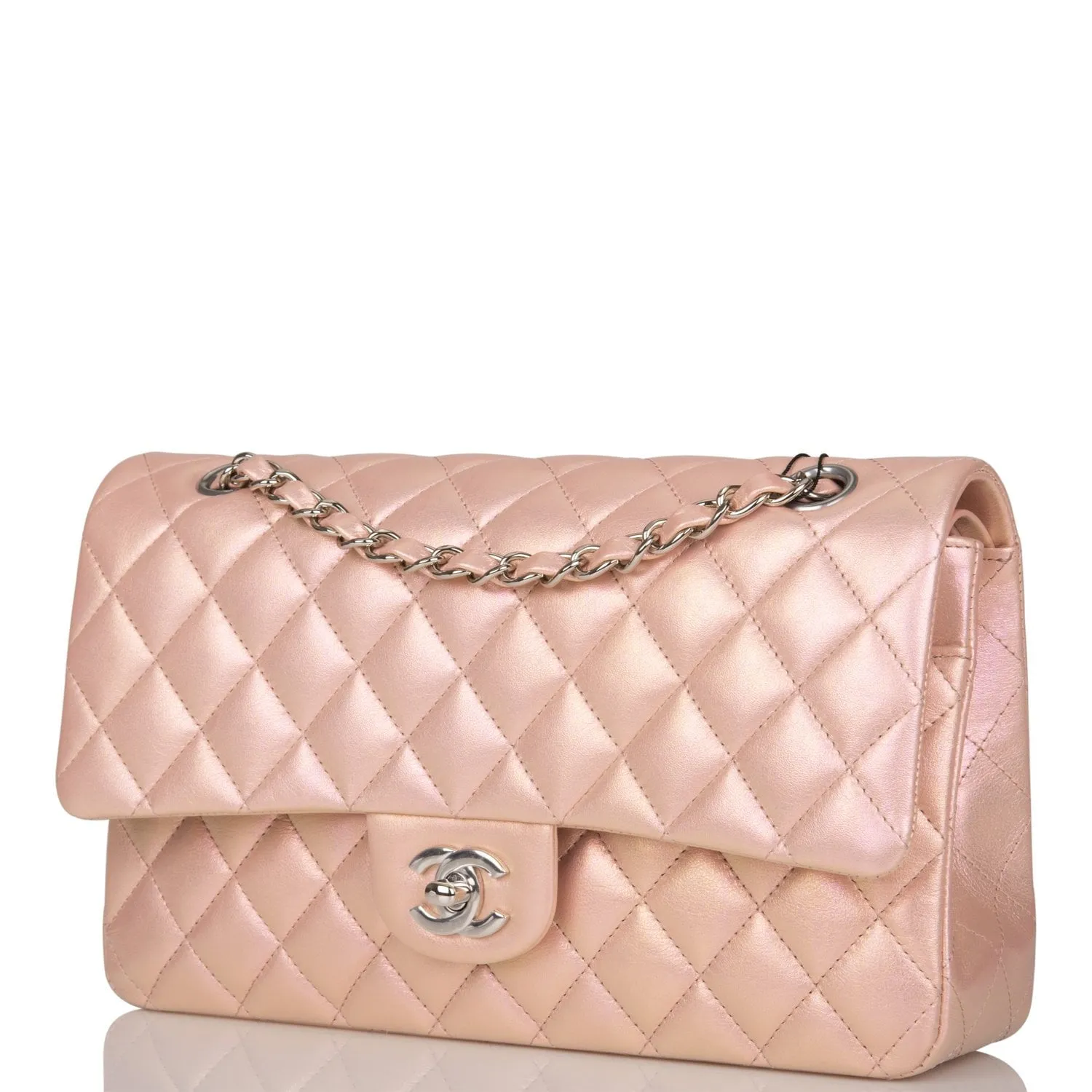 Chanel  Medium Classic Double Flap Bag Pink Iridescent Lambskin Silver Hardware