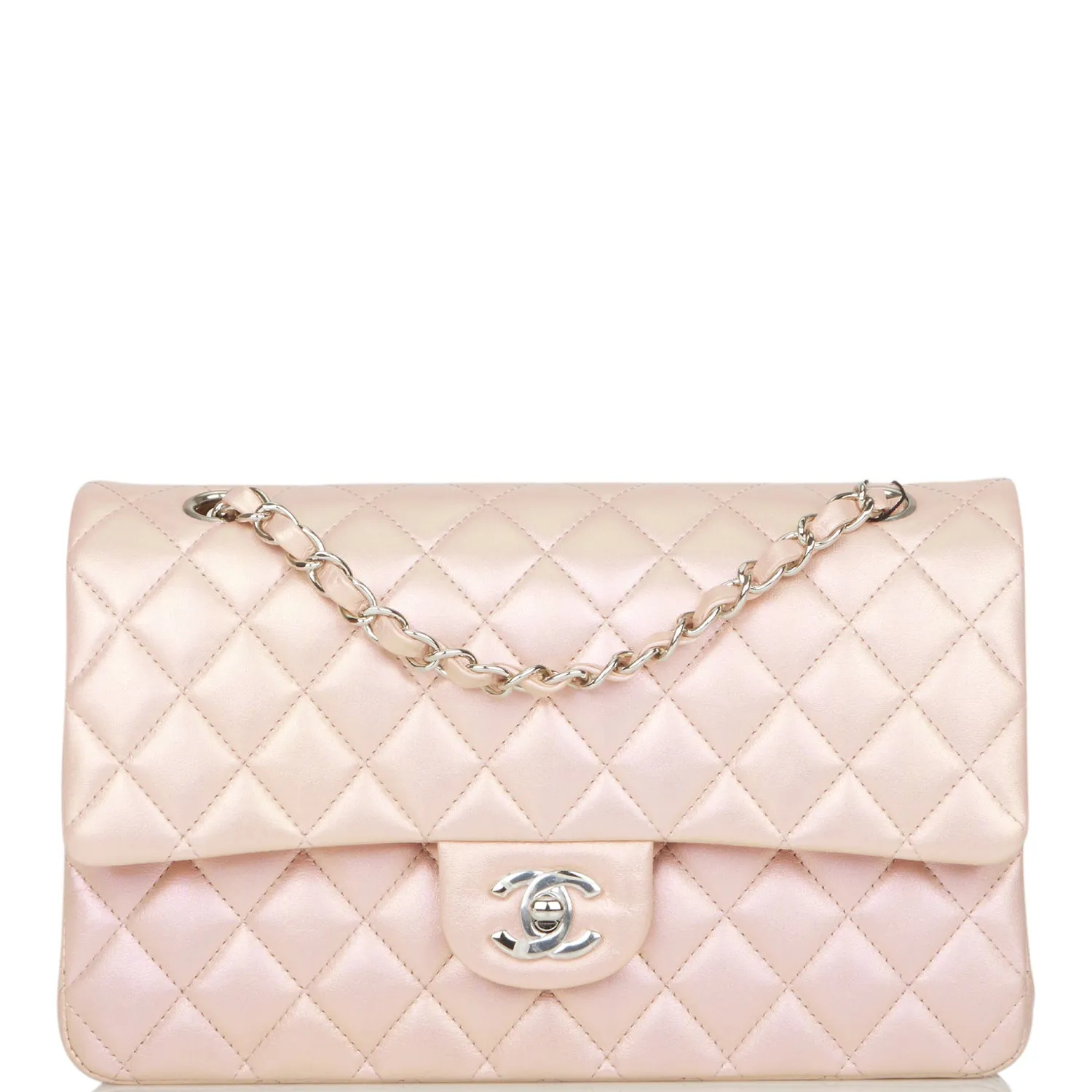 Chanel Medium Classic Double Flap Bag Pink Iridescent Lambskin Silver Hardware