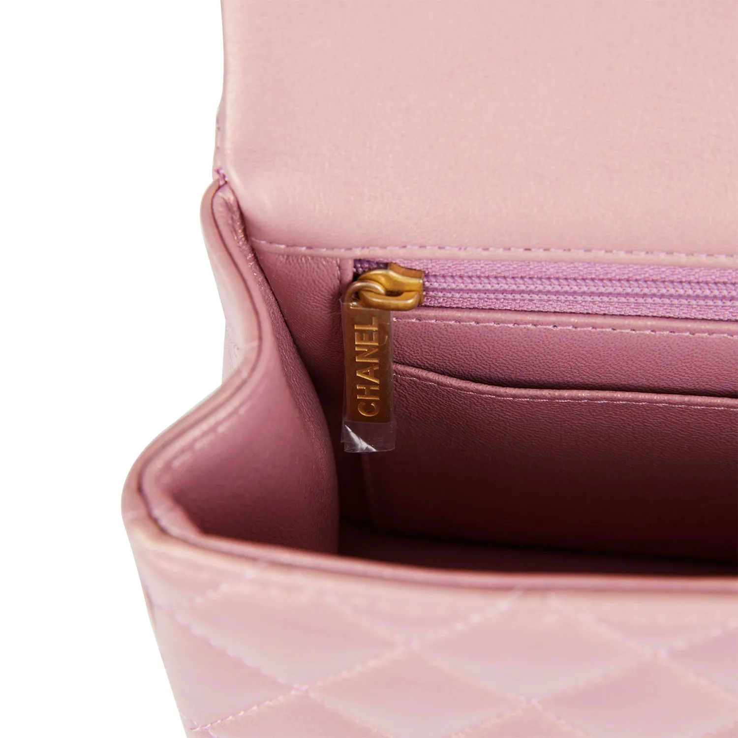 Chanel Mini Rectangular Flap Bag with Top Handle Pink Iridescent Lambskin Antique Gold Hardware