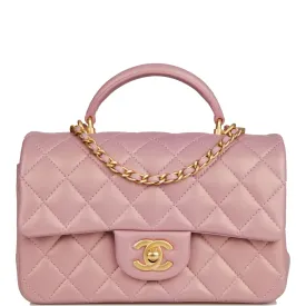 Chanel Mini Rectangular Flap Bag with Top Handle Pink Iridescent Lambskin Antique Gold Hardware