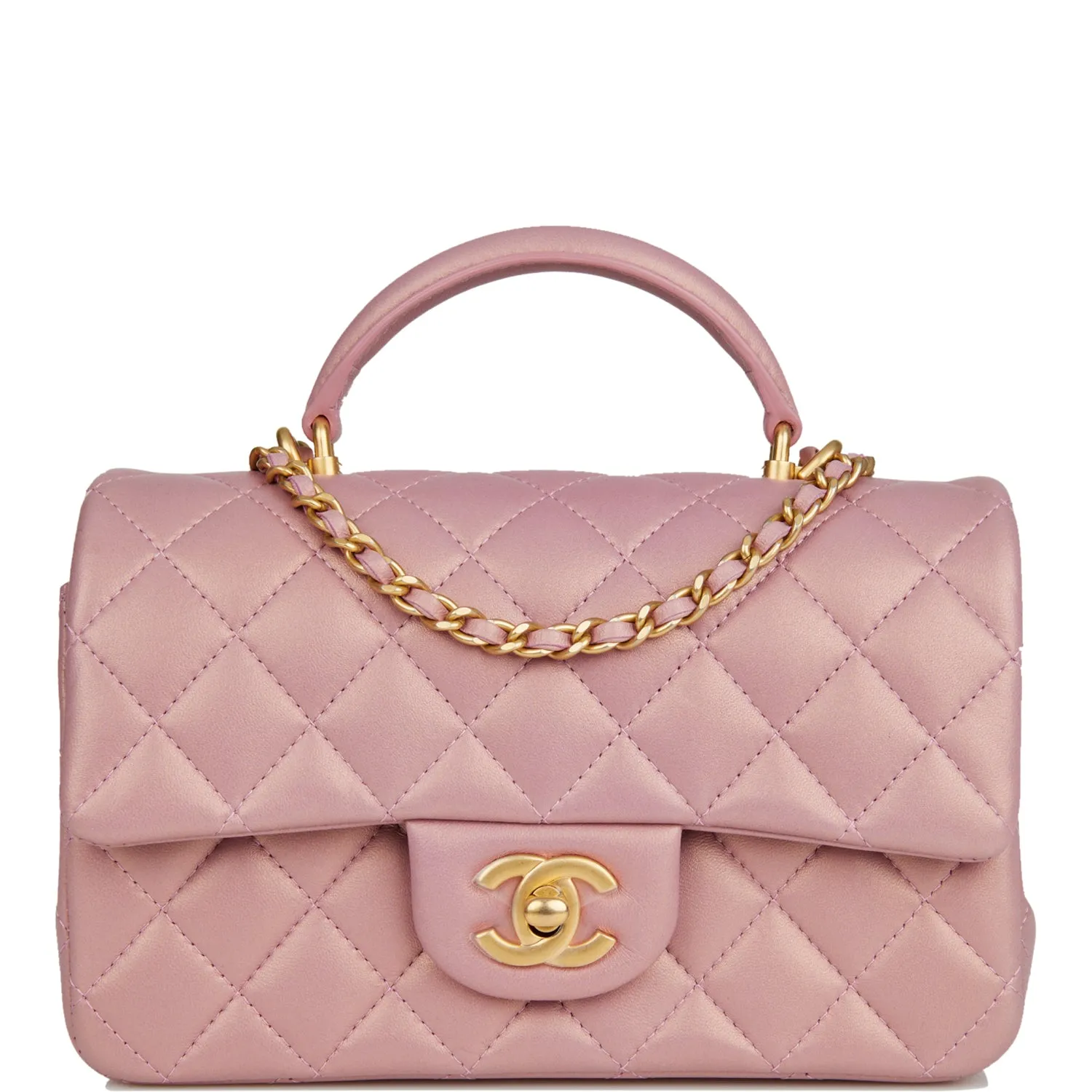 Chanel Mini Rectangular Flap Bag with Top Handle Pink Iridescent Lambskin Antique Gold Hardware