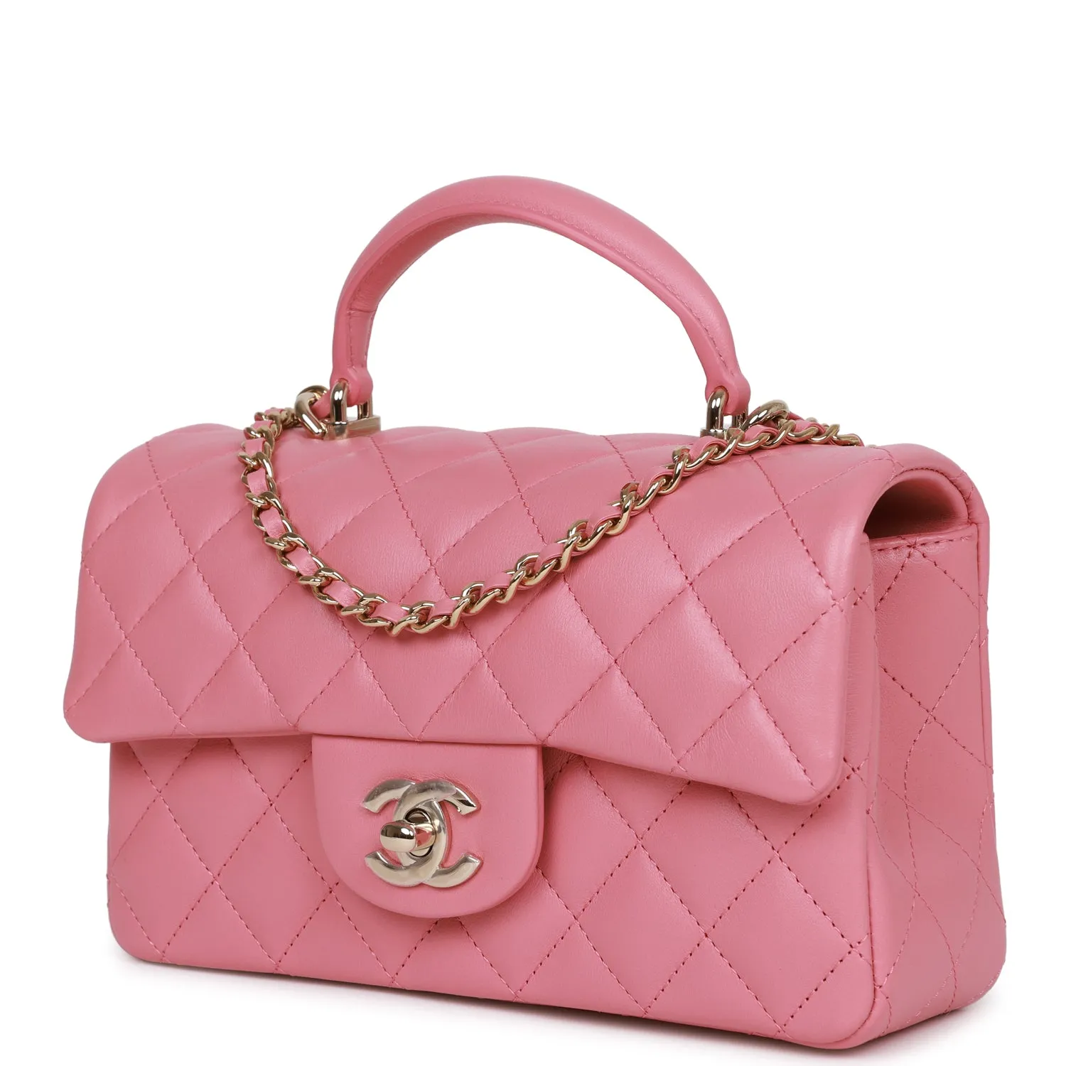 Chanel Mini Rectangular Flap with Top Handle Dark Pink Lambskin Light Gold Hardware